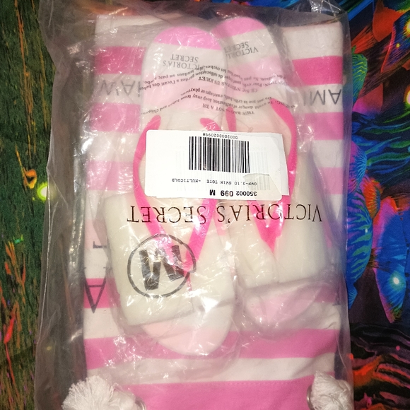 Victoria's Secret maima st barts Hawaii pink white stripe bag w flip flops - Picture 8 of 8